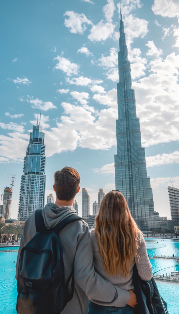 Pareja admirando el Burj Khalifa en Dubái